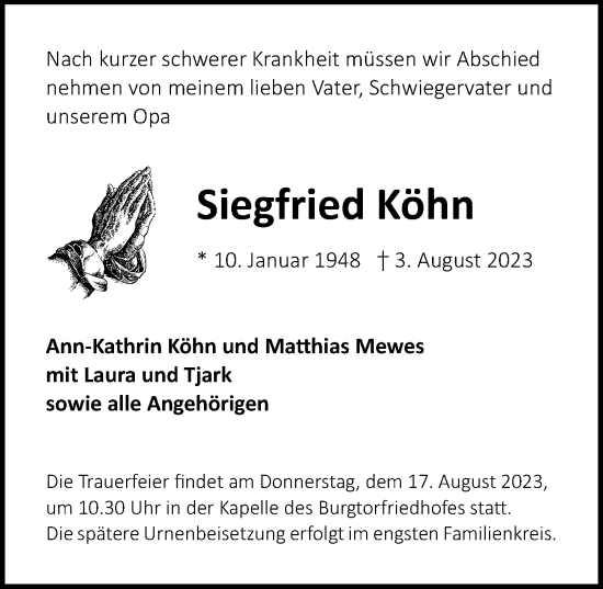 Traueranzeige von Siegfried Köhn von Lübecker Nachrichten
