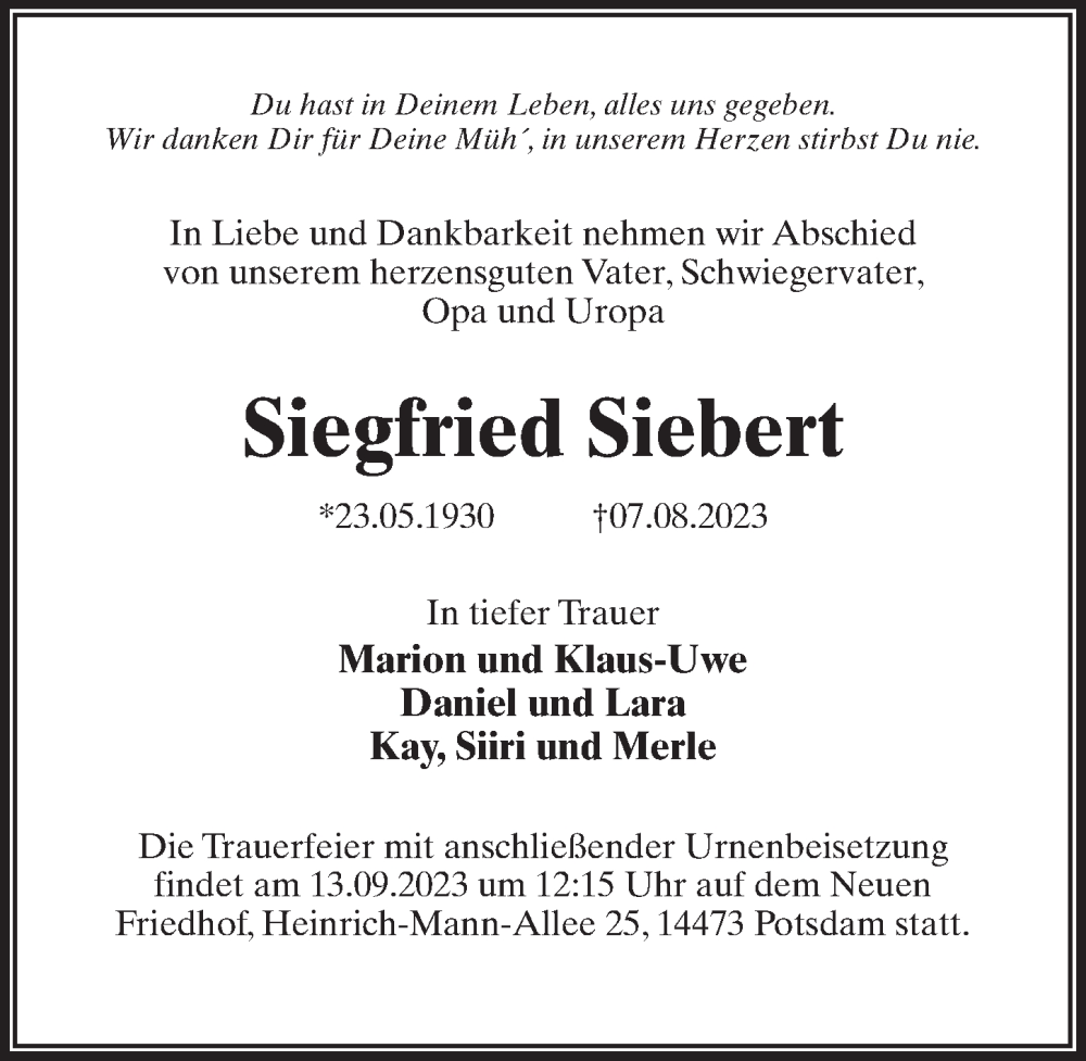  Traueranzeige für Siegfried Siebert vom 26.08.2023 aus Märkischen Allgemeine Zeitung