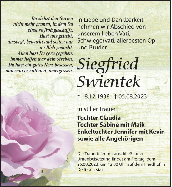 Traueranzeige von Siegfried Swientek von Leipziger Volkszeitung