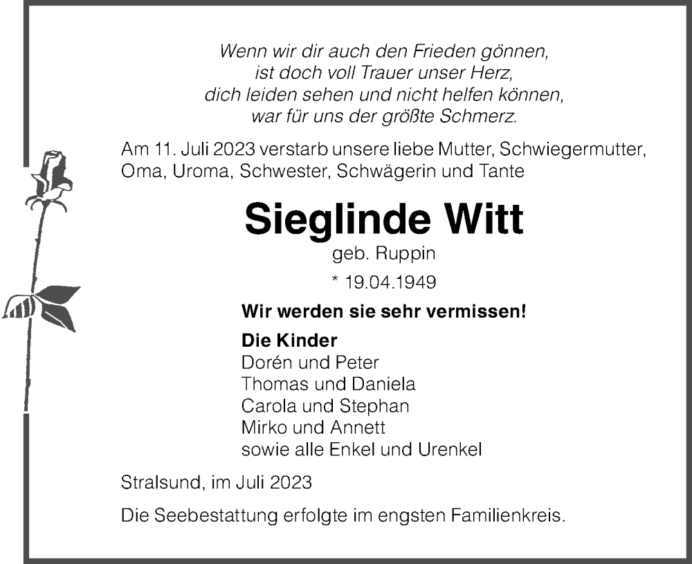  Traueranzeige für Sieglinde Witt vom 26.08.2023 aus Ostsee-Zeitung GmbH