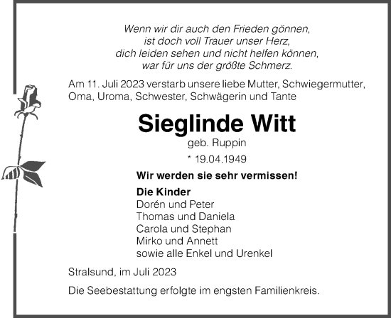 Traueranzeige von Sieglinde Witt