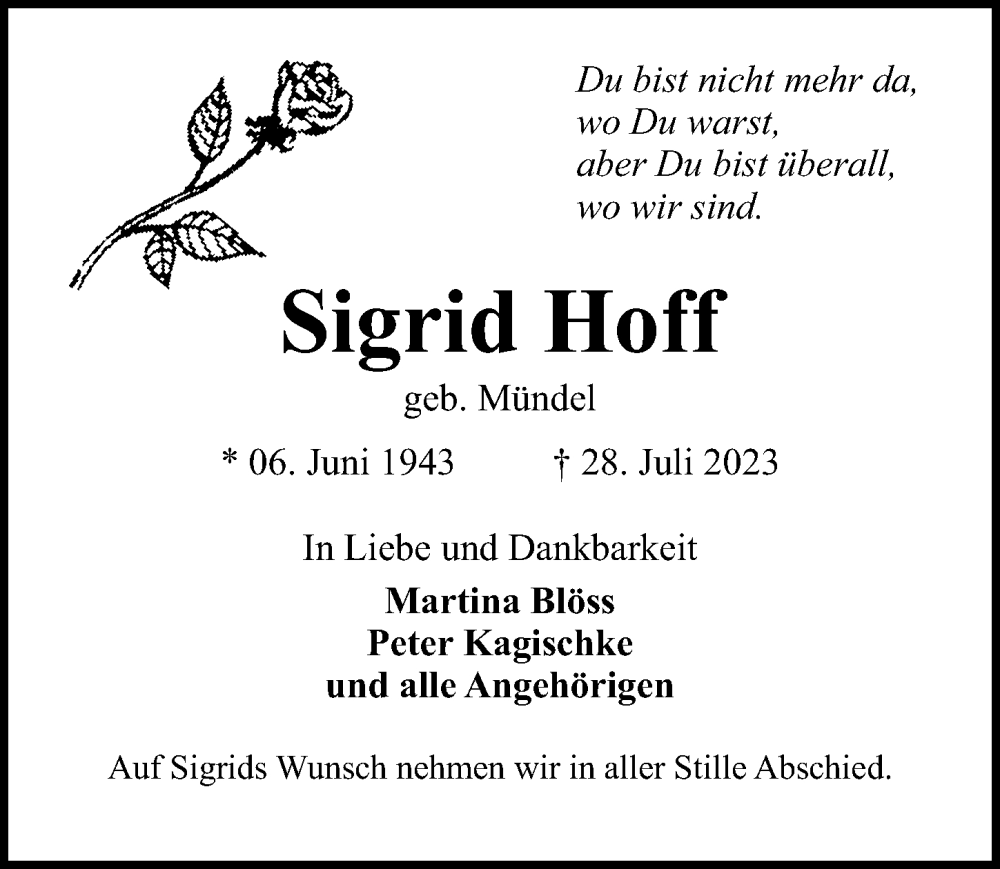  Traueranzeige für Sigrid Hoff vom 06.08.2023 aus Lübecker Nachrichten
