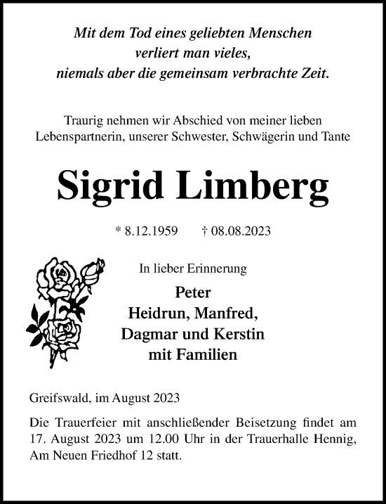 Traueranzeige von Sigrid Limberg von Ostsee-Zeitung GmbH