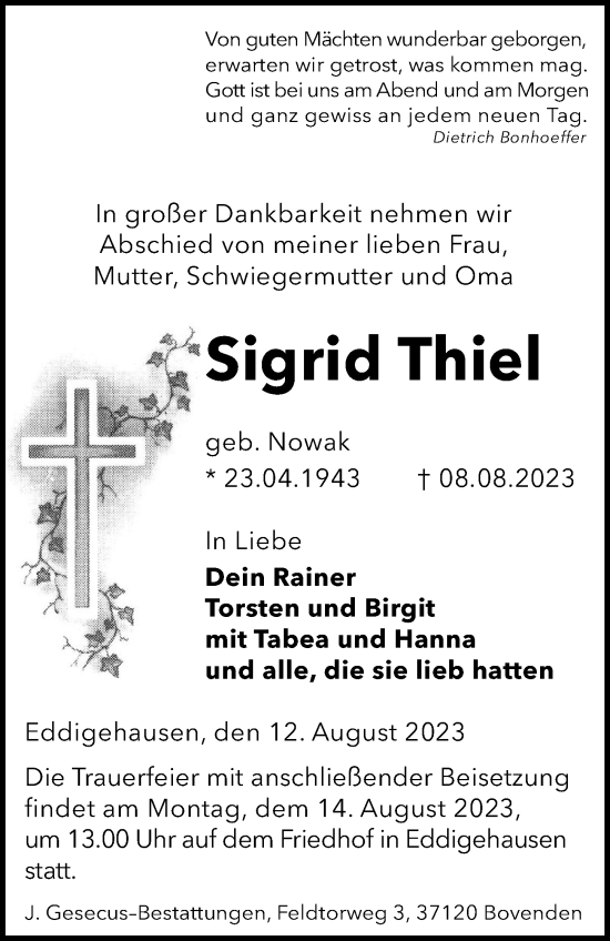 Traueranzeige von Sigrid Thiel von Göttinger Tageblatt
