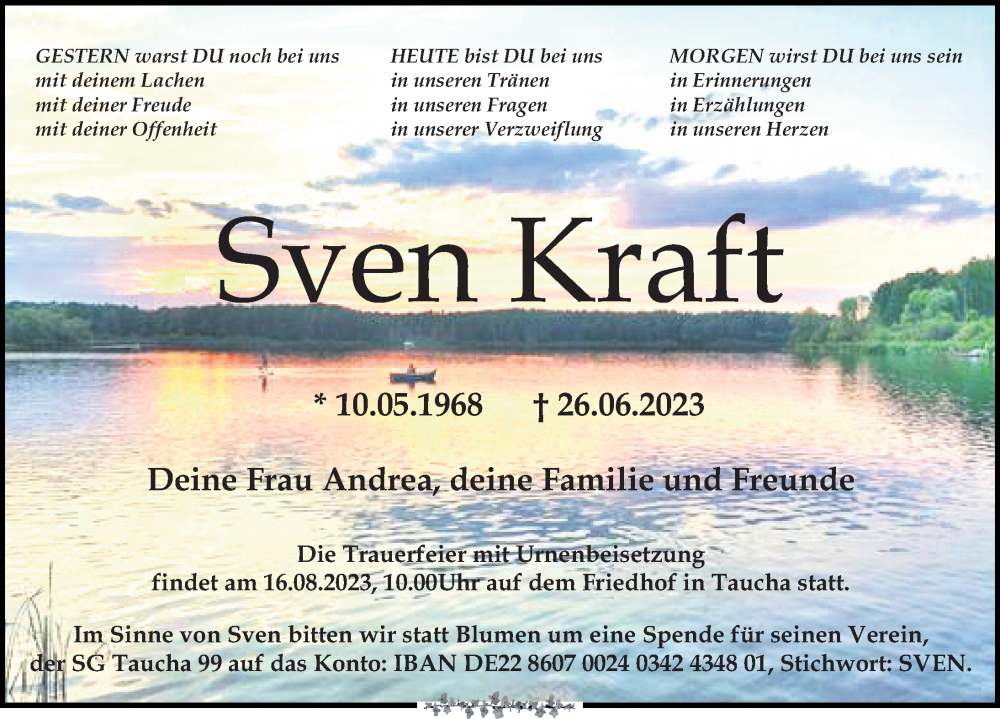  Traueranzeige für Sven Kraft vom 05.08.2023 aus Leipziger Volkszeitung