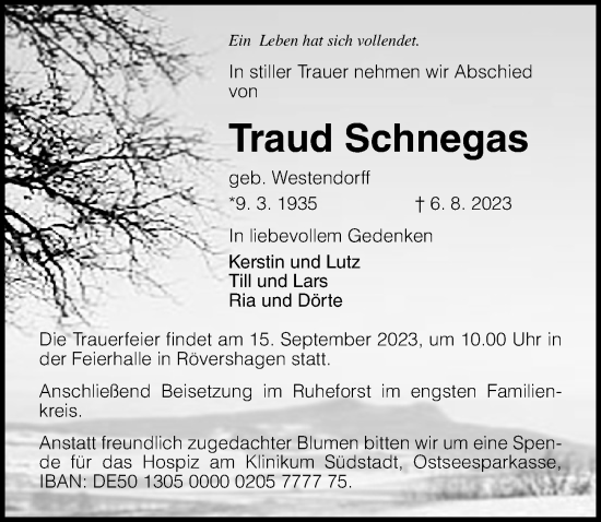Traueranzeige von Traud Schnegas von Ostsee-Zeitung GmbH