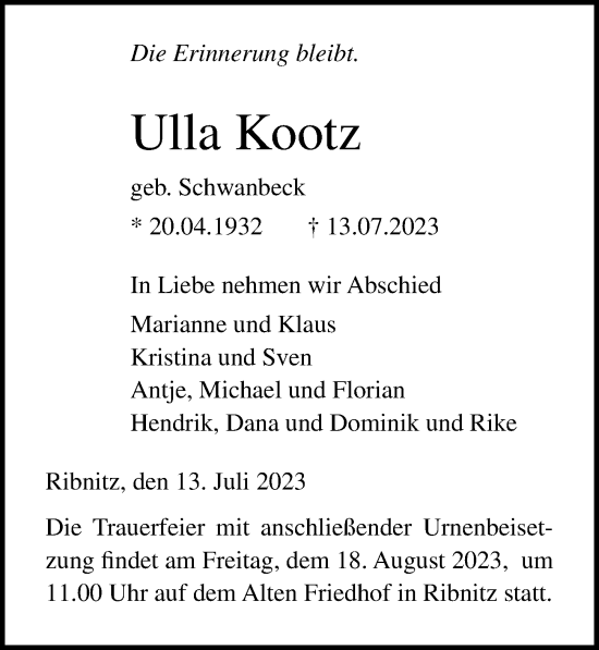 Traueranzeige von Ulla Kootz von Ostsee-Zeitung GmbH