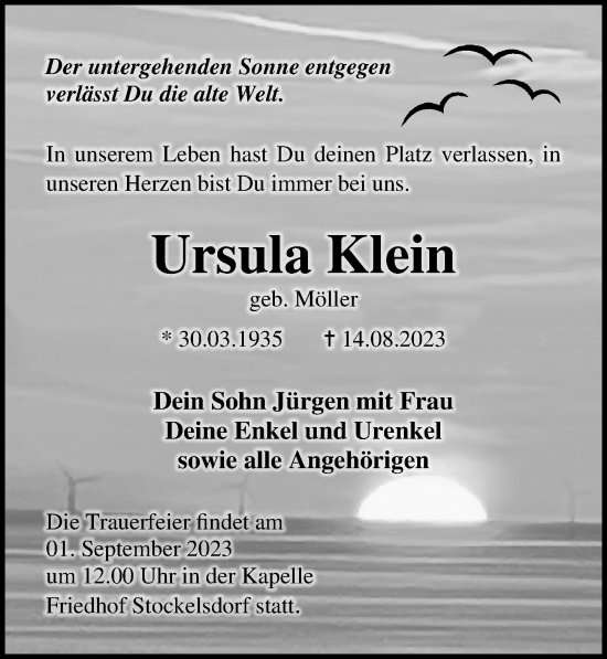 Traueranzeige von Ursula Klein von Lübecker Nachrichten