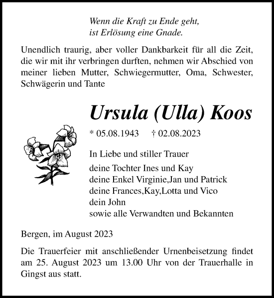Traueranzeige von Ursula Koos von Ostsee-Zeitung GmbH