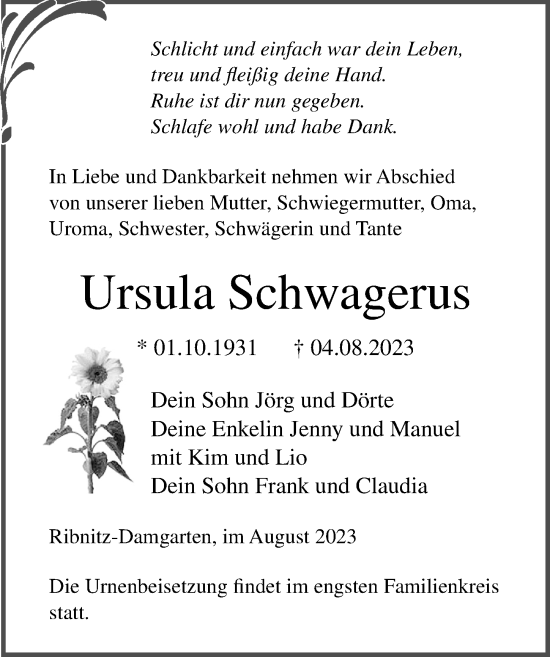 Traueranzeige von Ursula Schwagerus von Ostsee-Zeitung GmbH