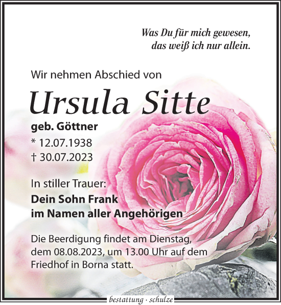 Traueranzeige von Ursula Sitte von Leipziger Volkszeitung