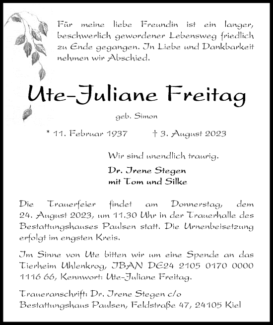 Traueranzeige von Ute-Juliane Freitag von Kieler Nachrichten