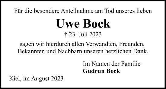 Traueranzeige von Uwe Bock von Kieler Nachrichten