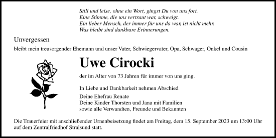 Traueranzeige von Uwe Cirocki von Ostsee-Zeitung GmbH