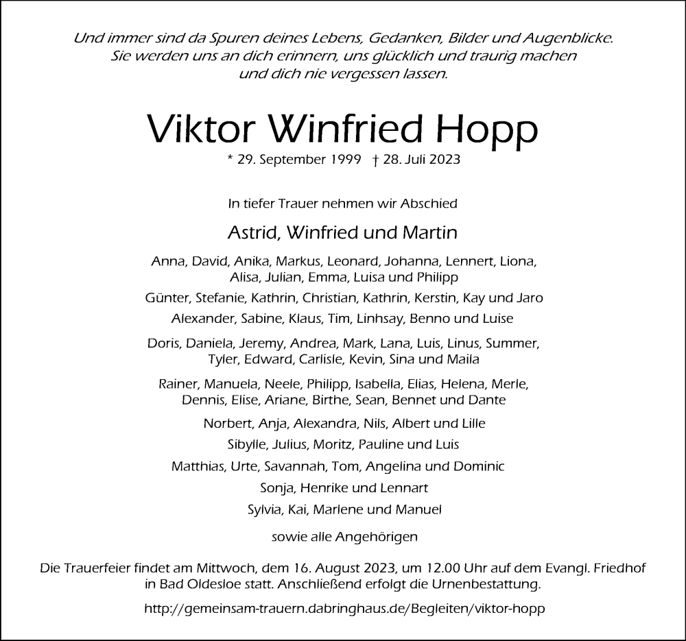  Traueranzeige für Viktor  Hopp vom 13.08.2023 aus Lübecker Nachrichten