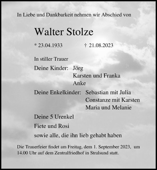 Traueranzeige von Walter Stolze von Ostsee-Zeitung GmbH