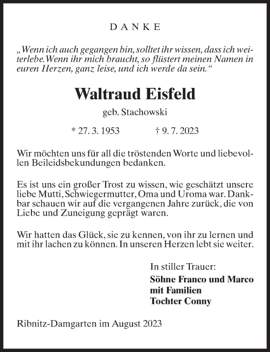 Traueranzeige von Waltraud Eisfeld von Ostsee-Zeitung GmbH