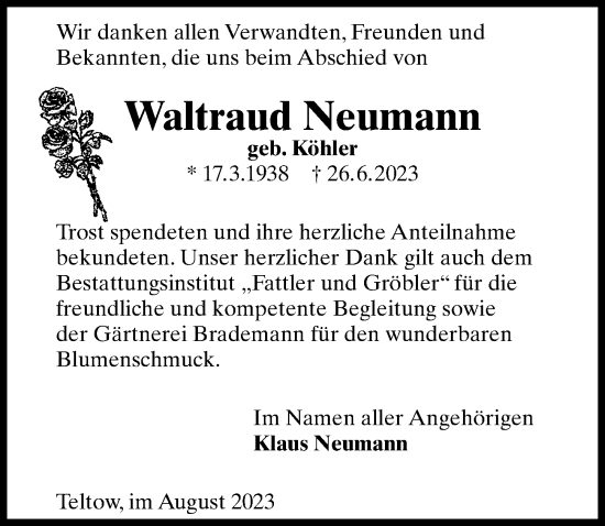 Traueranzeige von Waltraud Neumann von Märkischen Allgemeine Zeitung