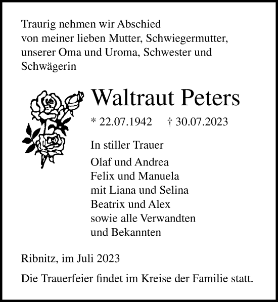 Traueranzeige von Waltraut Peters von Ostsee-Zeitung GmbH