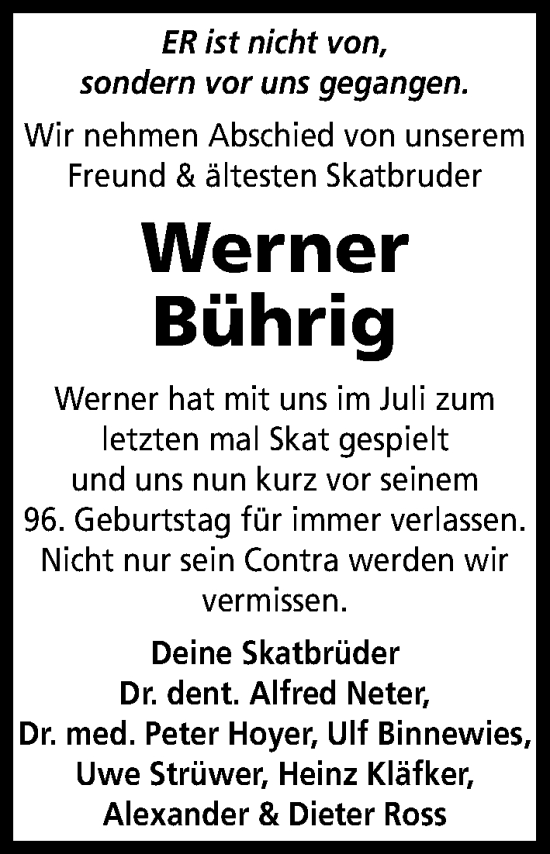 Traueranzeige von Werner Bührig von Hannoversche Allgemeine Zeitung/Neue Presse
