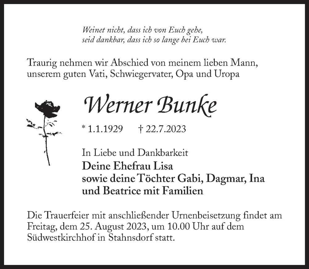  Traueranzeige für Werner Bunke vom 12.08.2023 aus Märkischen Allgemeine Zeitung