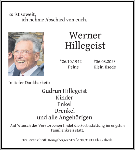 Traueranzeige von Werner Hillegeist von Peiner Allgemeine Zeitung