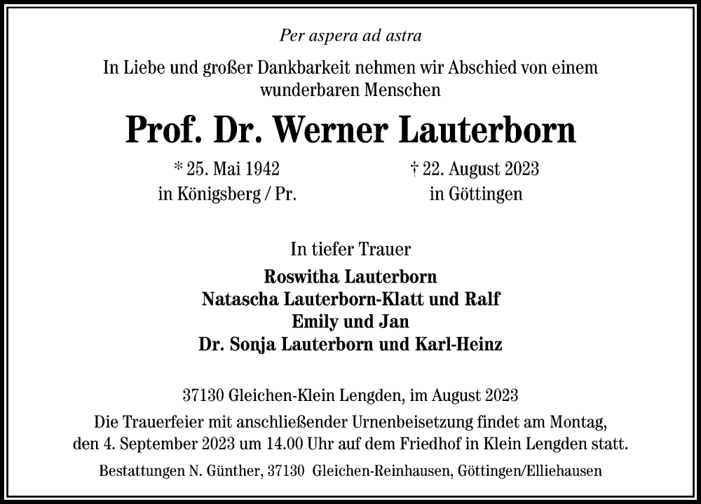  Traueranzeige für Werner Lauterborn vom 26.08.2023 aus Göttinger Tageblatt