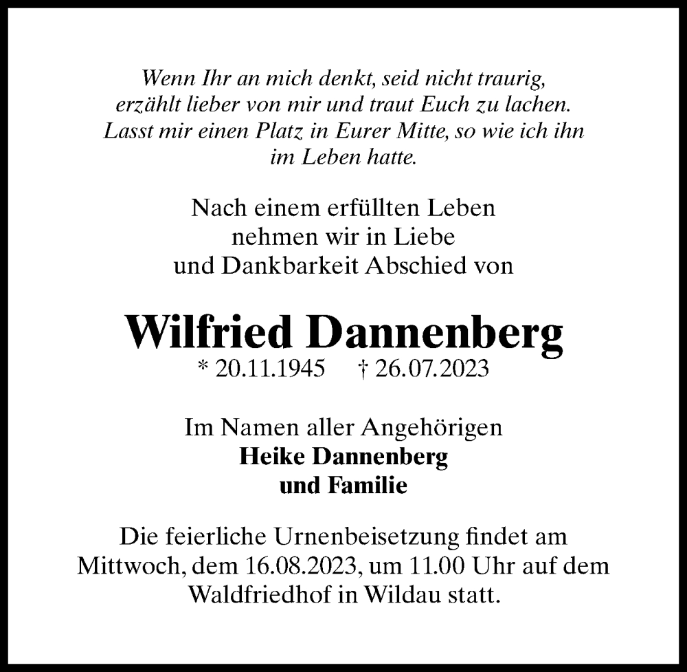  Traueranzeige für Wilfried Dannenberg vom 05.08.2023 aus Märkischen Allgemeine Zeitung