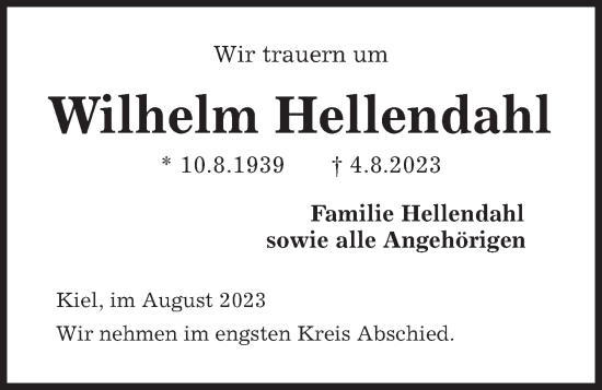 Traueranzeige von Wilhelm Hellendahl von Kieler Nachrichten