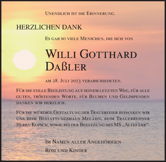 Traueranzeige von Willi Gotthard Daßler