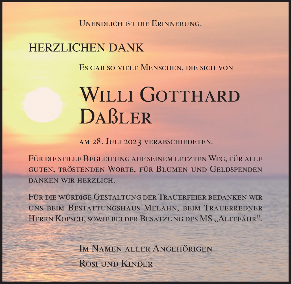  Traueranzeige für Willi Gotthard Daßler vom 05.08.2023 aus Ostsee-Zeitung GmbH