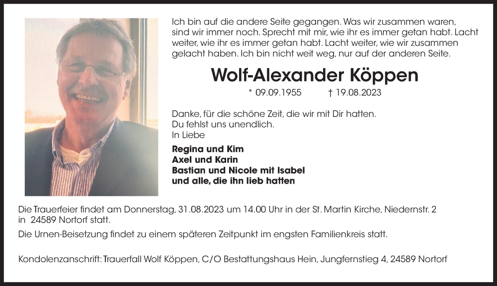  Traueranzeige für Wolf-Alexander Köppen vom 26.08.2023 aus Aller Zeitung