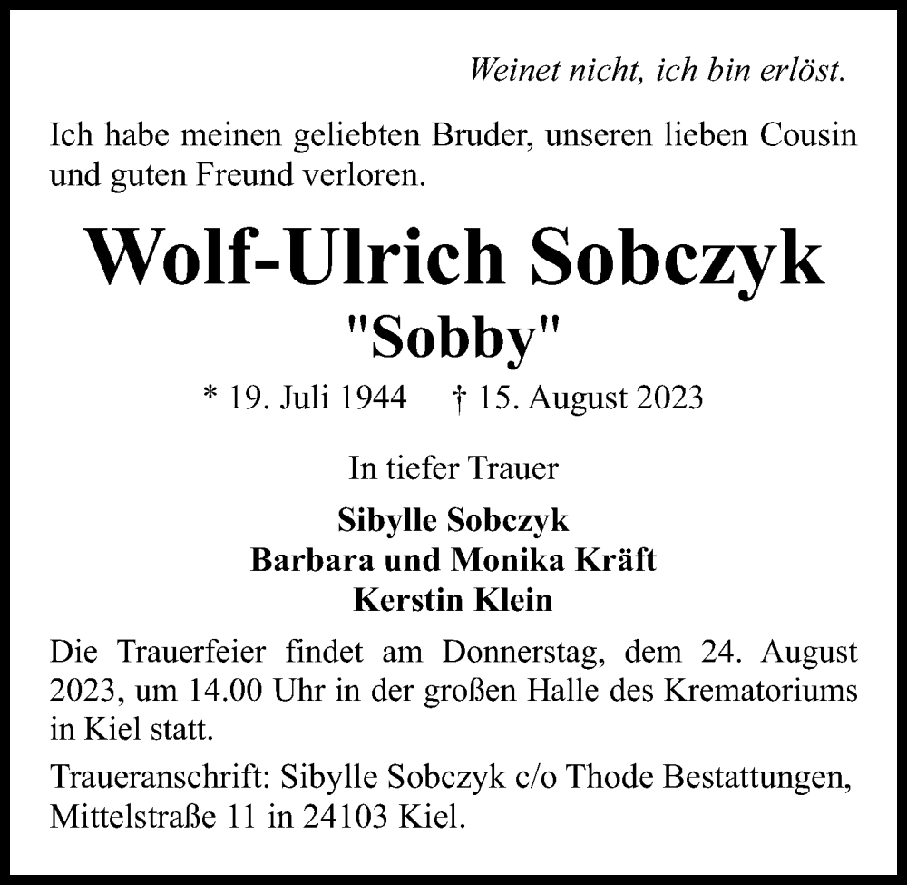  Traueranzeige für Wolf-Ulrich Sobczyk vom 19.08.2023 aus Kieler Nachrichten