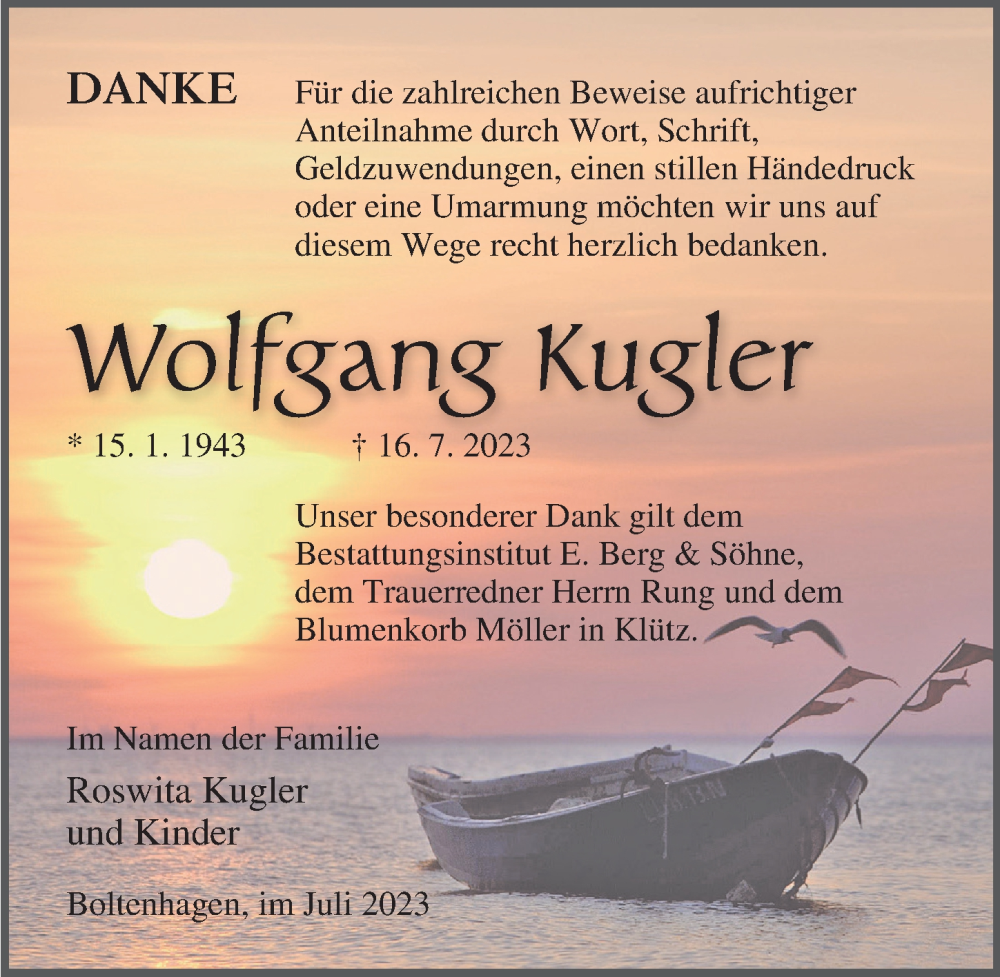  Traueranzeige für Wolfgang Kugler vom 17.08.2023 aus Ostsee-Zeitung GmbH