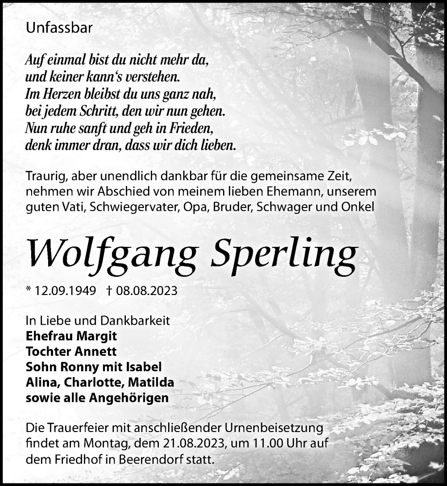  Traueranzeige für Wolfgang Sperling vom 12.08.2023 aus Leipziger Volkszeitung