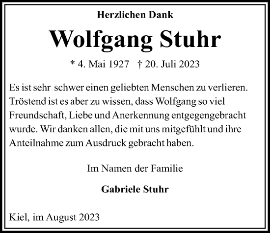 Traueranzeige von Wolfgang Stuhr von Kieler Nachrichten