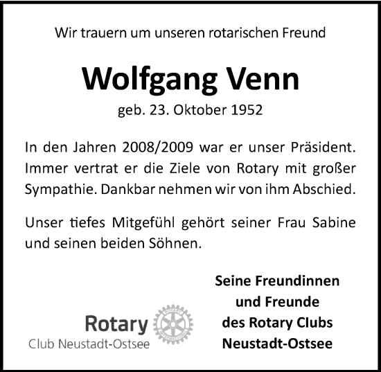 Traueranzeige von Wolfgang Venn von Lübecker Nachrichten