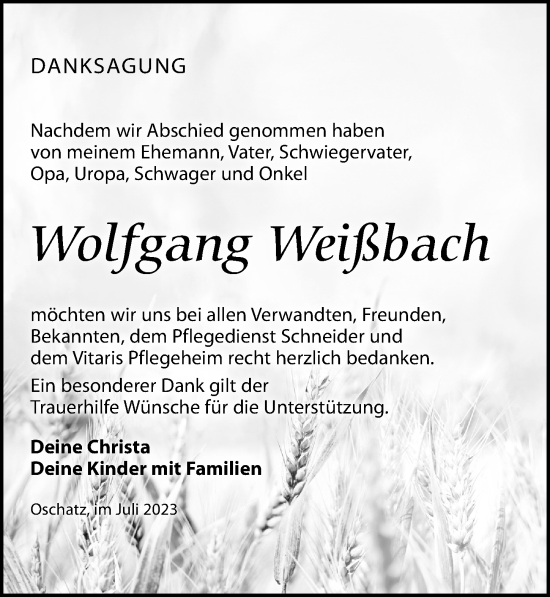 Traueranzeige von Wolfgang Weißbach von Leipziger Volkszeitung