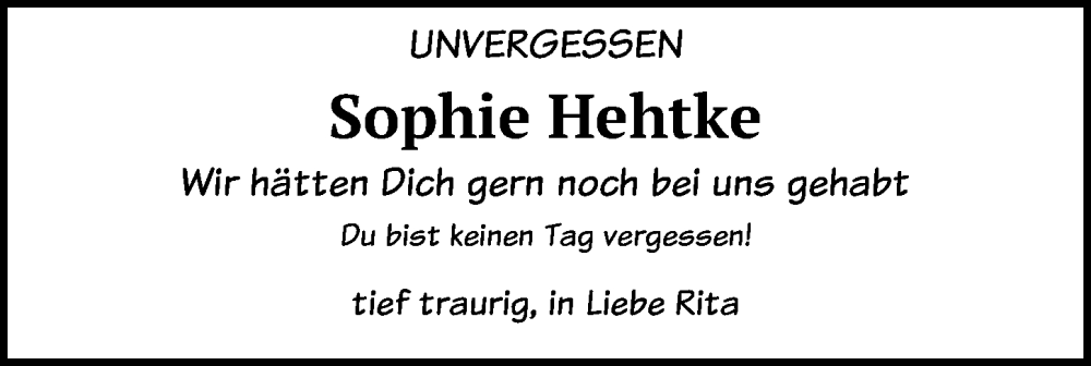  Traueranzeige für Sophie Hehtke vom 27.09.2023 aus Hannoversche Allgemeine Zeitung/Neue Presse 