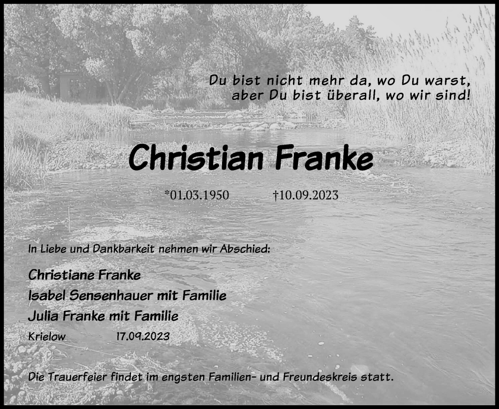  Traueranzeige für Christian Franke vom 18.09.2023 aus 