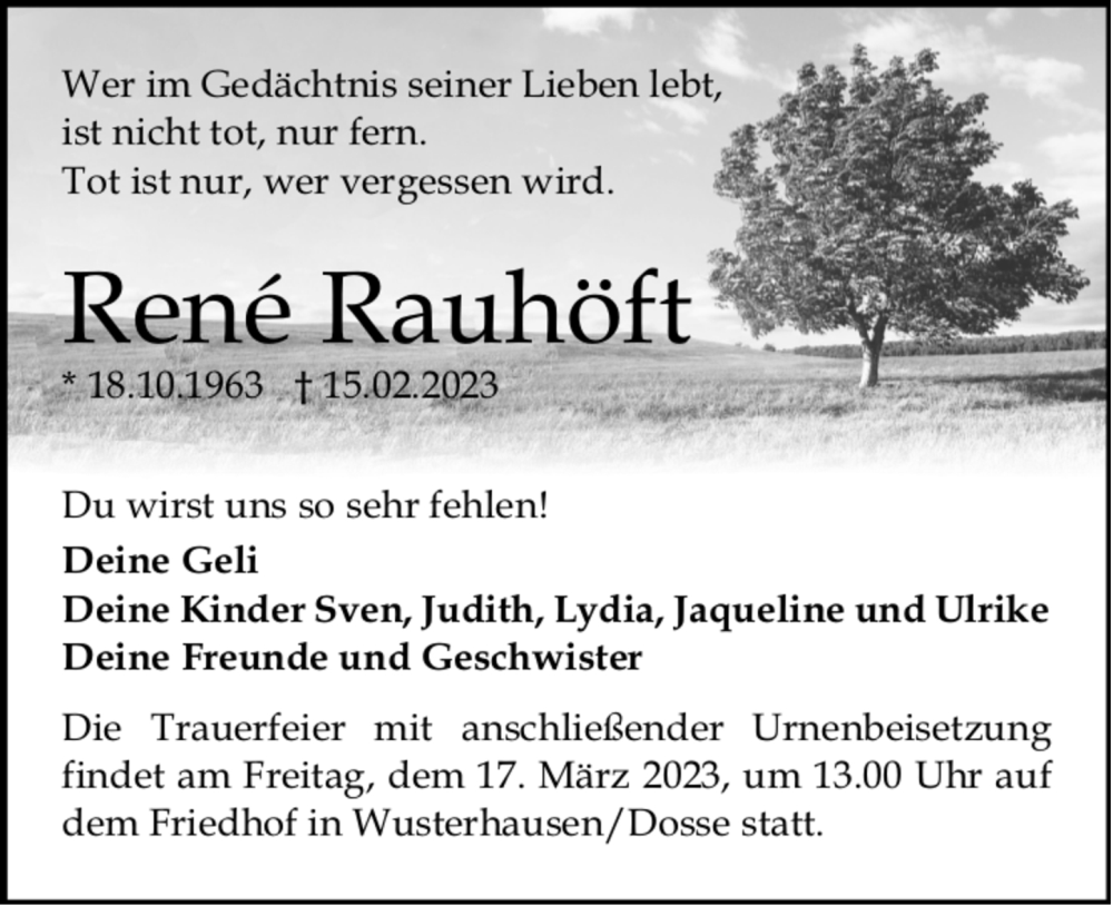  Traueranzeige für Rene Rauhöft vom 25.02.2023 aus Märkischen Allgemeine Zeitung