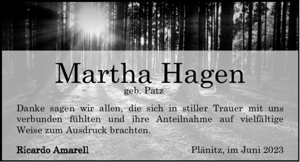  Traueranzeige für Martha Hagen vom 17.06.2023 aus Märkischen Allgemeine Zeitung