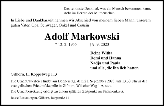 Traueranzeige von Adolf Markowski von Aller Zeitung