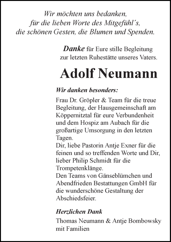 Traueranzeige von Adolf Neumann von Ostsee-Zeitung GmbH