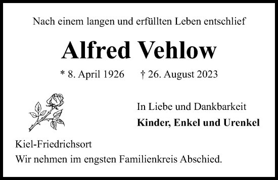 Traueranzeige von Alfred Vehlow von Kieler Nachrichten