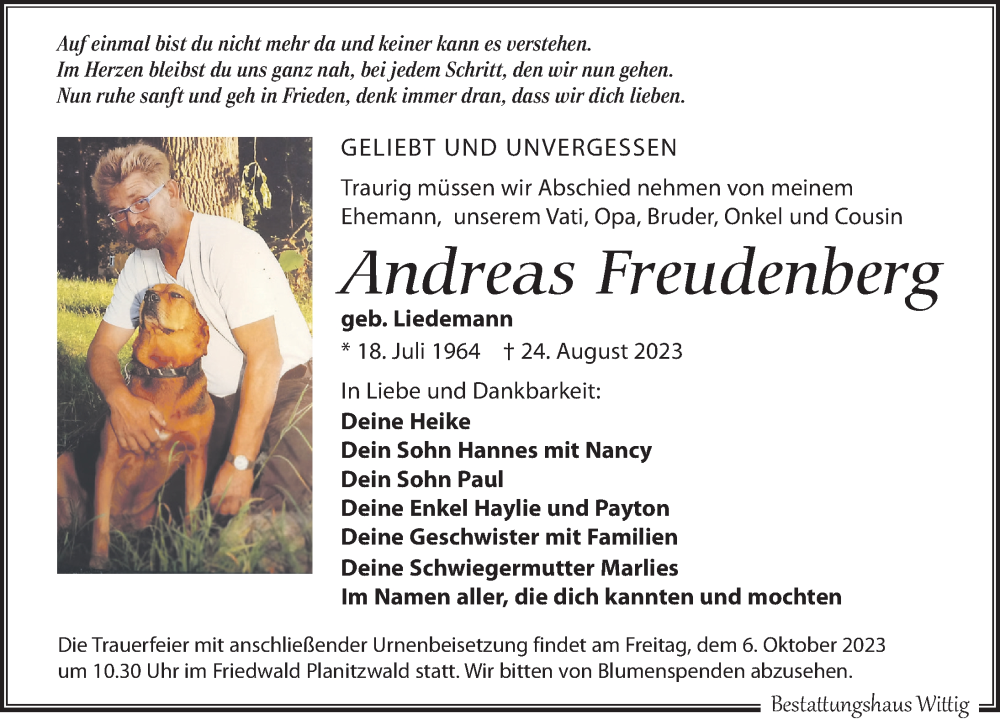  Traueranzeige für Andreas Freudenberg vom 09.09.2023 aus Leipziger Volkszeitung