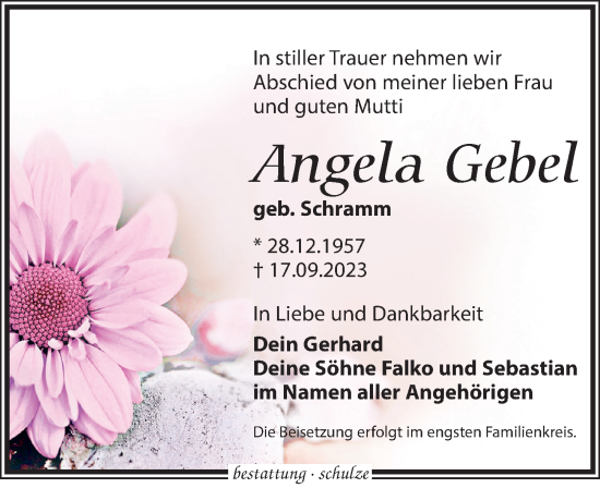 Traueranzeige von Angela Gebel von Leipziger Volkszeitung