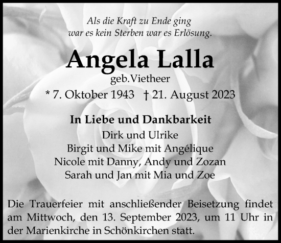 Traueranzeige von Angela Lalla von Kieler Nachrichten