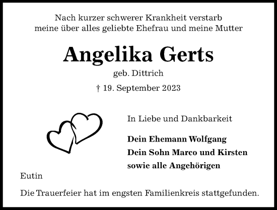 Traueranzeige von Angelika Gerts von Kieler Nachrichten