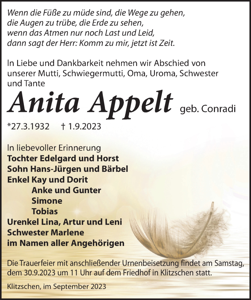  Traueranzeige für Anita Appelt vom 09.09.2023 aus Torgauer Zeitung